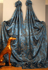 Dramatic Vintage Fabric Curtains Teal Brocade Satin Damask, 1940's 1950's Leaves