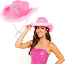 1 x Pink Cowboy Hat with Tiara & Feather Trim Fancy Dress Cowgirl Hat Party