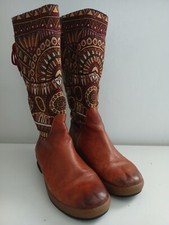 Socofy Brown Leather & Fabric Patchwork Boots Size Uk 9 Eu 43 Boho Hippy Zip Up