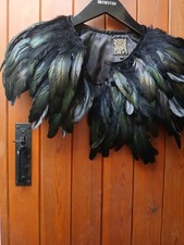 Biba Raven Black Green Real Feather Collar Cape Mardi Gras Party Halloween