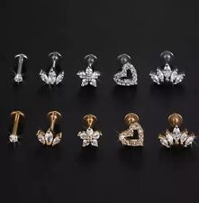 Crystal Tragus Helix Cartilage Stud Earring Flat Back Labret 16g 6mm 8mm Silver