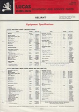 Reliant Regal Rebel Scimitar Lucas Spare Parts List  1969 NOT ILLUSTRATED