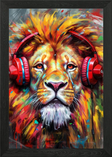Lion with headphones framed - lion,