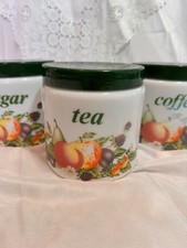 Vintage Milk Glass Lidded Tea Coffee And Sugar. 1980s Fruit Design