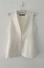 Zara Waistcoat Women's Ivory V Neck Lined Longer Length Faux Pockets Size M