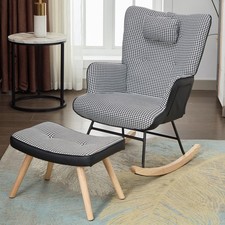 Rocking Chair Nursery High Back Grey Upholstered Reading Armchair with Footstool