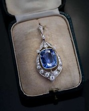 Rare 11.95 Ceylon Sapphire Diamond Vintage Art Deco 925 SIlver Pendant Necklace