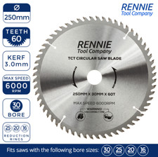 250mm x 60T x 30mm TCT Circular Wood Saw Blade For Bosch, Makita, Dewalt, Mitre