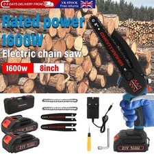 UK 8" 4000W Electric Cordless Chainsaw One-hand Saw Wood Pruning Cut W/2 Battery