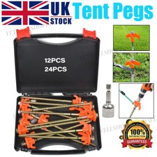 24x Screw In Heavy Duty Drill Top Tent Pegs Set Camping Ground Awning Pegs Case