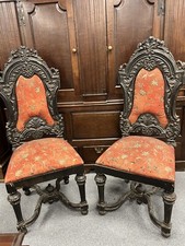 Pair of Very Large Antique Military Hall Chairs Thrones with Ornate Carving
