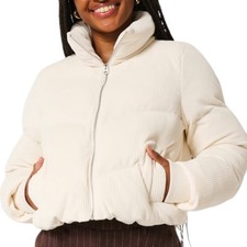 Hollister Womens Corduroy Puffer Jacket Coat Cream Off White Size Large Zip Up