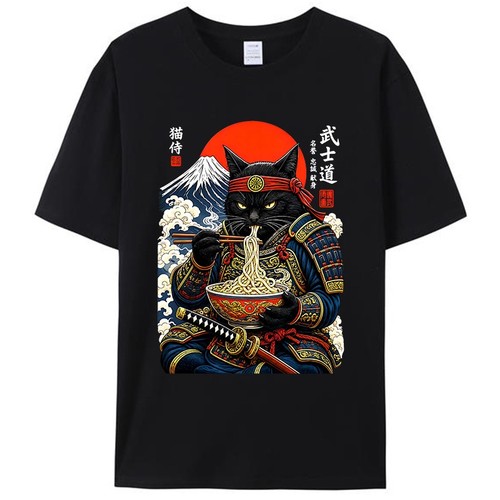 Black cat samurai eats ramen - samurai,
