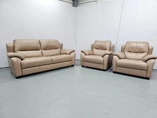 DELIVERY AVAILABLE-Italian Full Leather Beige 3 Piece Suite Static Sofa & Chairs