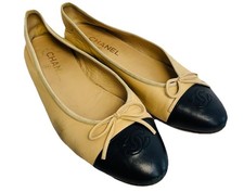 Chanel Classic Beige Black CC Cap Toe Ballet Flats Size UK 7, Made in Italy 