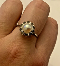 VINTAGE SILVER 800 RING  WITH HI SET FAUX PEARL SURROUNDED WITH GEMS SIZE S