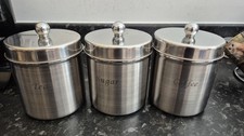 Set of silver coloured Metal Tea Coffee Sugar Canisters storage tins
