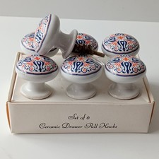 ✅Set Of 6 + 1 Ceramic Drawer Pull Knobs White Blur And Orange