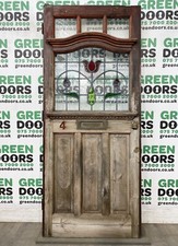 1930s ANTIQUE FRONT DOOR WOODEN WOOD STAINED LEADED GLASS EXTERNAL RECLAIMED OLD