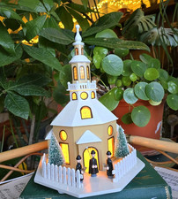 Vintage Erzebirge Wooden Lighted House Seiffen Church German Christmas Music Box