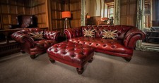 TETRAD OSKAR CHESTERFIELD OXBLOOD LEATHER SUITE 3/4 SEAT SOFA CLUB CHAIR & STOOL