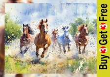 Galloping Wild Horses 5"x7" Print on Matte Paper | Energetic Watercolor Painting