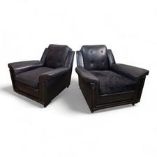Vintage retro button back pair of lounge armchairs - relaxer chairs