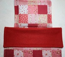 Dolls pram cot bedding set. Red  patchwork style with red fleece reverse