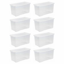 (Set of 8) 110L CLEAR PLASTIC Extra Large Storage Boxes & Lids Strong Containers