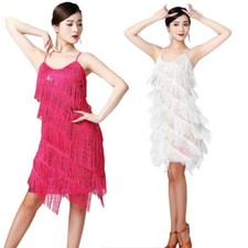 Lady Latin Dance Sequin Tassel Slip Dress Dancewear Ballroom Tango Salsa Fashion