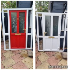 Red And White PVC Combi Pannel Door. Obscure Glass Sides. Used. Good Condition.