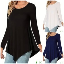 WOMEN’S CREW NECK LONG SLEEVE LONG TUNIC TOP  ASYMMETRIC HEM T-SHIRT