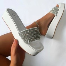 Simmi London Yara White Diamante Flatform Mules UK S 7 | Platform Slider Shoes