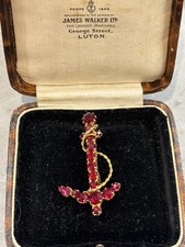 Vintage Ruby Red Rhinestone Anchor Brooch Pin Gold Tone French Trombone Clasp