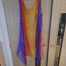 Lovely rectangular belly dance silk veil purple orange yellow red beaded edge