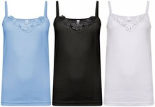 3 Womens Plain Stretch Cotton Vest Lace Trim Camisole Tank Top Pack of 3 Colours
