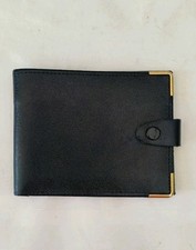 Mens Leather Wallet Card Holder Black 4.5" x 3.5" Press Stud Gold Coloured Edge