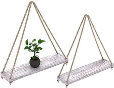 Rustic Set of 2 Wooden Floating Shelves with String – Farmhouse Hanging Shelves 