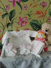 Hand knitted baby girls white matinee outfit DK 0-3 months