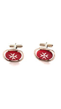MEN'S RED WHITE ENAMEL  MALTESE CROSS SILVER TONE OVAL CUFFLINKS