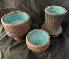 Trio of Clive Brooker Brutalist sandy ceramic w/ Turquoise glaze studio Pots