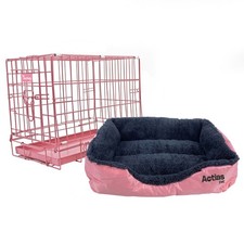 Pink Dog Cage with Faux Fur Bed Metal Training Puppy Crate Carrier S M L XL XXL