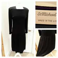 St Michael Vintage 80's Black Velvet Flapper Dress Pleated Retro Lng Sleeve Sz M