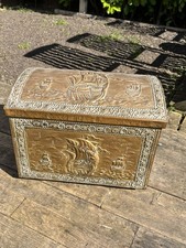 Vintage Brass Dome Topped Coal Firewood Slipper Box Chest Heavily Embossed 50s’