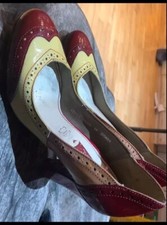NEXT SIZE 5 VINTAGE PATENT LEATHER BROGUE COURT SHOES 3.5" HEELS RED YELLOW PINK