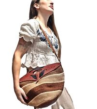 African VINTAGE BUCKET BAG Woven Sisal Leather Tan Beige Hobo Boho Hippie Tote
