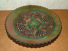 Art Deco Green Northwood Carnival Iridescent Glass Grape & Cable Cake Stand