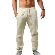 Mens Casual Cotton Linen Loose Drawstring Elasticated Yoga Pants Trousers S-2XL