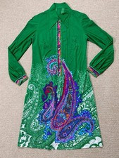Vintage 70s Dress Womens Size 10 UK Green Hippy 1970s Paisley Half Button