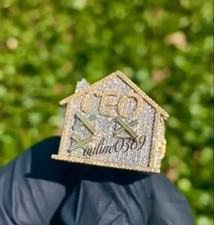 mens Trap House Charm Ring Silver 3ct Cubic Zirconia Yellow Gold Plated Silver